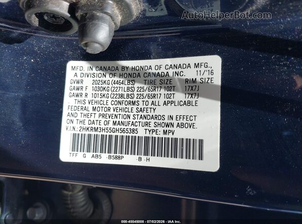 2HKRM3H55GH565385 2016 HONDA CR-V Blue ძრავის განყოფილების ხედი