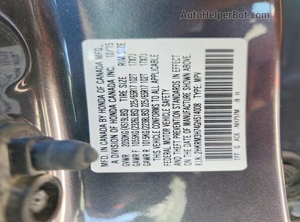 2HKRM3H74GH514008 2016 HONDA CR-V Gray Widok naklejki z numerem VIN