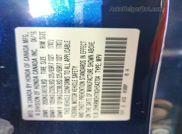 2HKRM3H7XGH542704 2016 HONDA CR-V Blue VIN sticker view