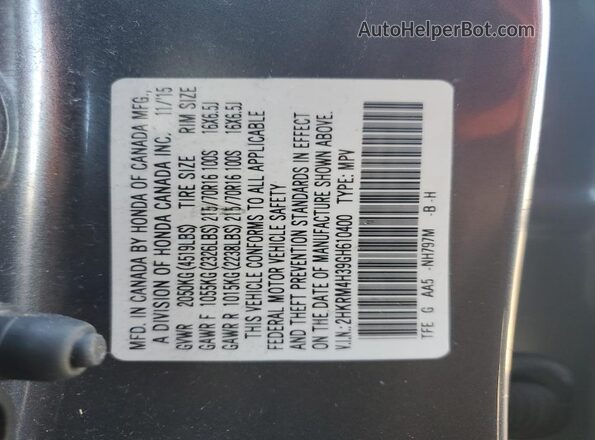 2HKRM4H39GH610400 2016 HONDA CR-V Gray Vista de la etiqueta del VIN