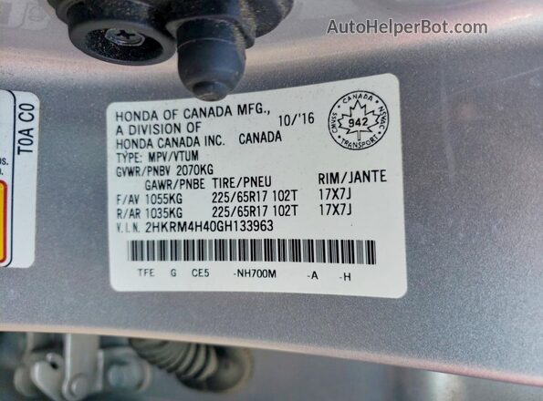 2HKRM4H40GH133963 2016 HONDA CR-V Silver Vista interior de 360 grados