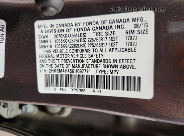 2HKRM4H45GH697771 2016 HONDA CR-V Gray VIN sticker view