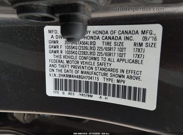 2HKRM4H48GH704115 2016 HONDA CR-V Gray ძრავის განყოფილების ხედი