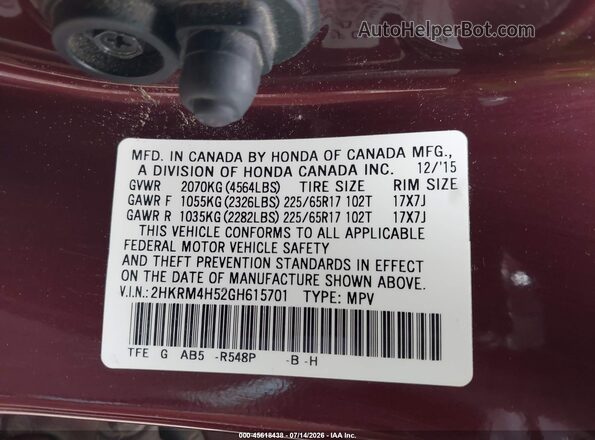 2HKRM4H52GH615701 2016 HONDA CR-V Maroon Widok komory silnika