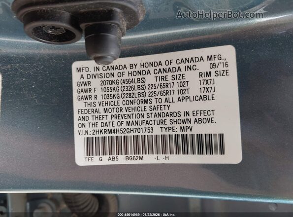 2HKRM4H52GH701753 2016 HONDA CR-V Blue Vista del compartimento del motor