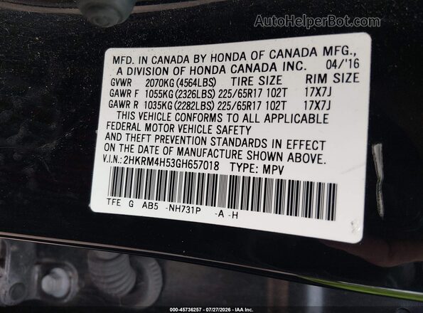 2HKRM4H53GH657018 2016 HONDA CR-V Black Շարժիչի բաժամունքի տեսք