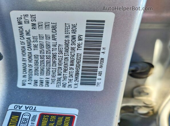 2HKRM4H5XGH630222 2016 HONDA CR-V Silver Vista de la etiqueta del VIN