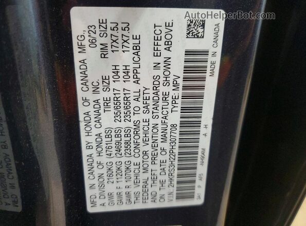 2HKRS3H22PH307708 2023 HONDA CR-V Gray VIN კოდის სტიკერის ხედი