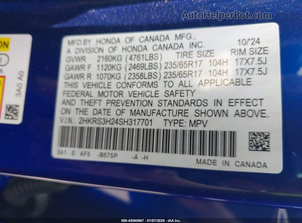 2HKRS3H24SH317701 2025 HONDA CR-V Blue Շարժիչի բաժամունքի տեսք