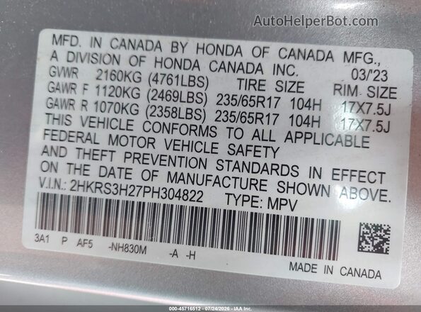 2HKRS3H27PH304822 2023 HONDA CR-V Silver Vista del compartimento del motor