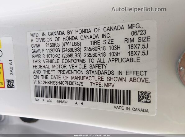 2HKRS3H40PH307479 2023 HONDA CR-V White Widok komory silnika