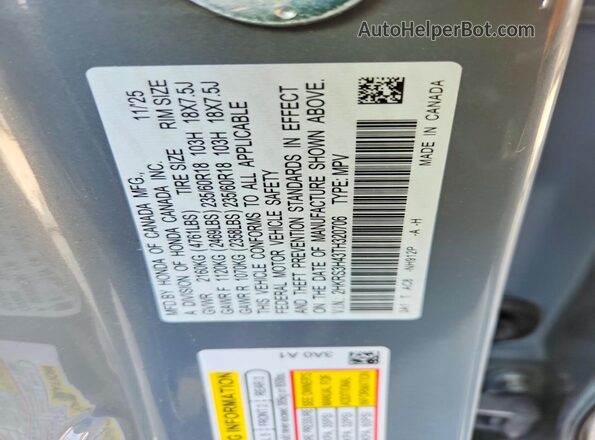 2HKRS3H43TH320706 2026 HONDA CR-V Gray VIN կոդի պիտակի տեսք