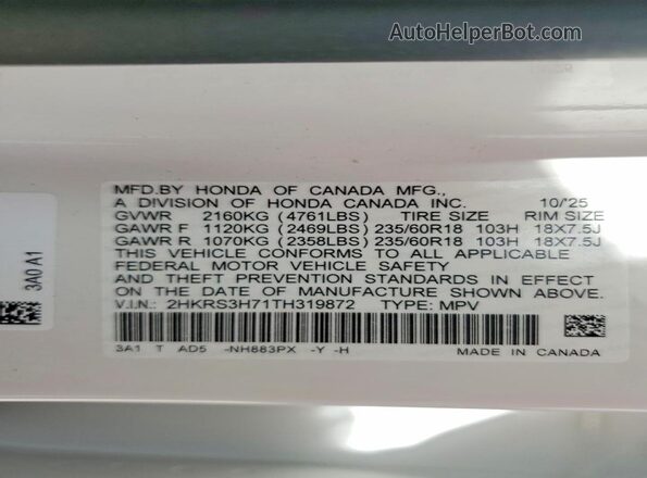 2HKRS3H71TH319872 2026 HONDA CR-V White VIN კოდის სტიკერის ხედი