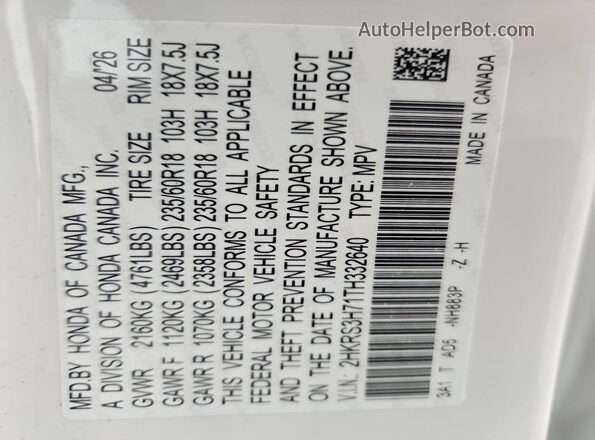 2HKRS3H71TH332640 2026 HONDA CR-V White Вид наклейки з VIN-кодом