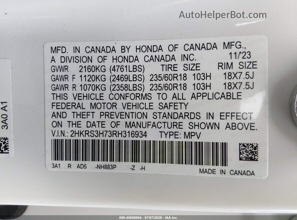 2HKRS3H73RH316934 2024 HONDA CR-V Белый Вид подкапотного пространства