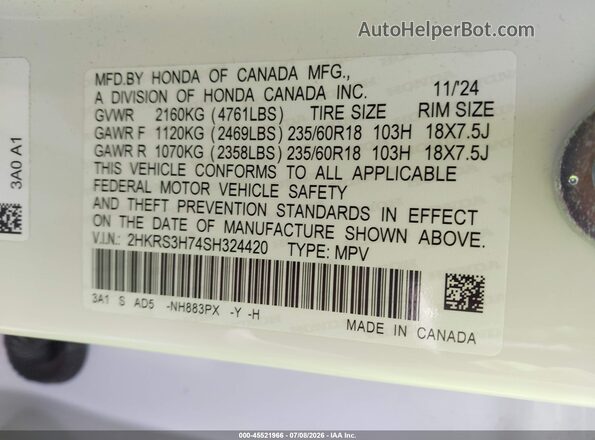 2HKRS3H74SH324420 2025 HONDA CR-V White Widok komory silnika