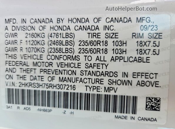 2HKRS3H75RH307216 2024 HONDA CR-V White Вид наклейки з VIN-кодом