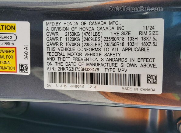 2HKRS3H75SH322479 2025 HONDA CR-V Gray VIN sticker view