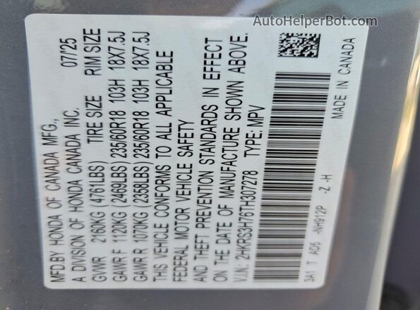 2HKRS3H76TH307278 2026 HONDA CR-V Gray Vista de la etiqueta del VIN