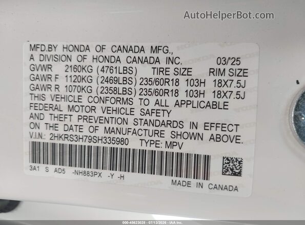 2HKRS3H79SH335980 2025 HONDA CR-V White Вид підкапотного простору