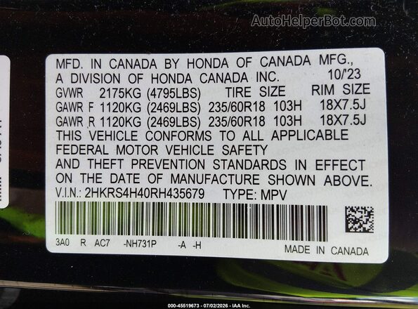 2HKRS4H40RH435679 2024 HONDA CR-V Black Շարժիչի բաժամունքի տեսք