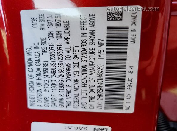 2HKRS4H40TH462260 2026 HONDA CR-V Red Вид наклейки з VIN-кодом