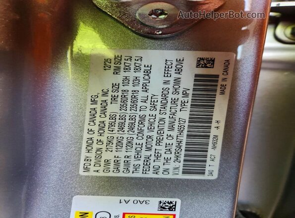 2HKRS4H47TH455127 2026 HONDA CR-V Silver Widok naklejki z numerem VIN