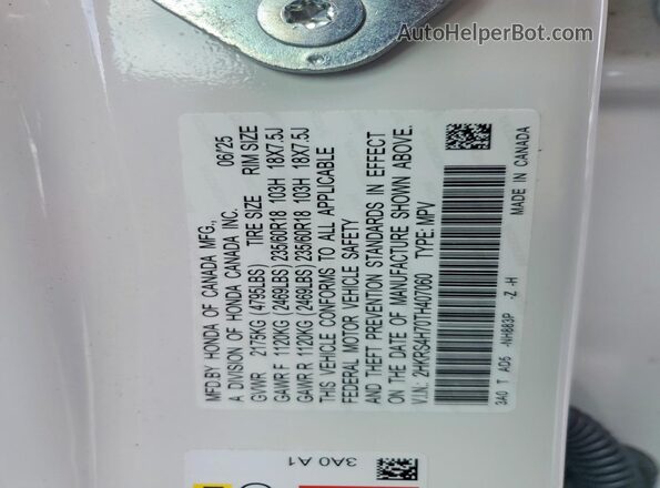 2HKRS4H70TH407060 2026 HONDA CR-V White Widok naklejki z numerem VIN