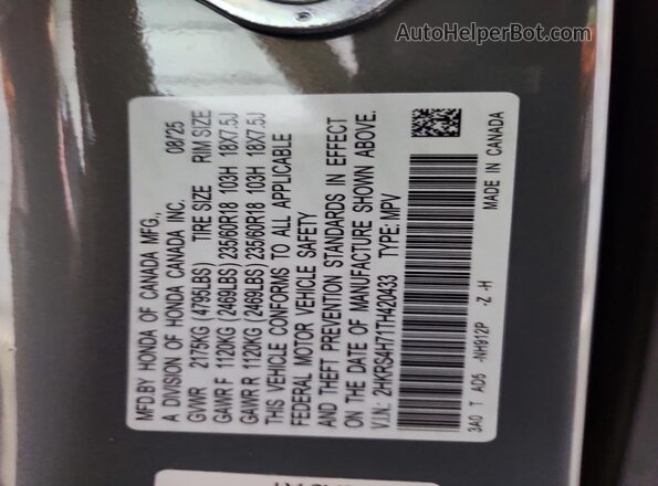 2HKRS4H71TH420433 2026 HONDA CR-V Gray Widok naklejki z numerem VIN
