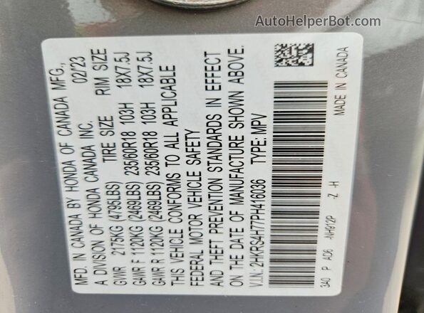 2HKRS4H77PH416036 2023 HONDA CR-V Gray Widok naklejki z numerem VIN