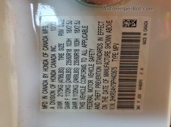 2HKRS4H79PH403675 2023 HONDA CR-V White Widok naklejki z numerem VIN