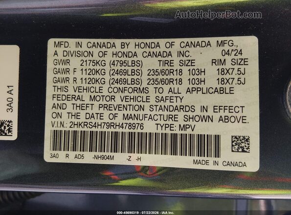 2HKRS4H79RH478976 2024 HONDA CR-V Gray Շարժիչի բաժամունքի տեսք