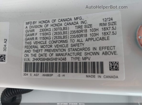 2HKRS6H84SH814348 2025 HONDA CR-V White ძრავის განყოფილების ხედი