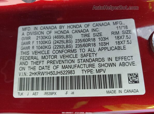 2HKRW1H50JH522983 2018 HONDA CR-V Red Vista del compartimento del motor