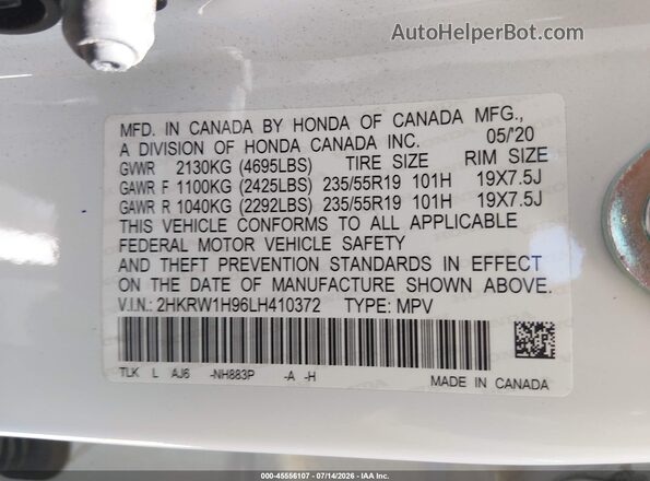 2HKRW1H96LH410372 2020 HONDA CR-V Белый Вид подкапотного пространства