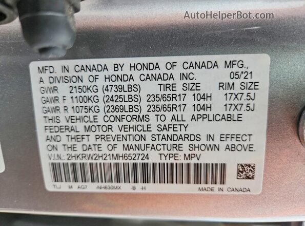 2HKRW2H21MH652724 2021 HONDA CR-V Silver Панорамний вид салону 360°
