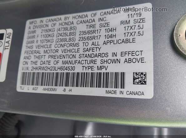 2HKRW2H23LH604530 2020 HONDA CR-V Silver Вид підкапотного простору