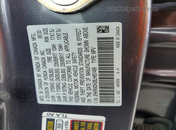 2HKRW2H28LH651469 2020 HONDA CR-V Charcoal VIN კოდის სტიკერის ხედი
