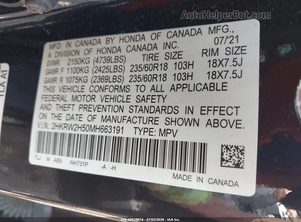2HKRW2H50MH663191 2021 HONDA CR-V Black ძრავის განყოფილების ხედი