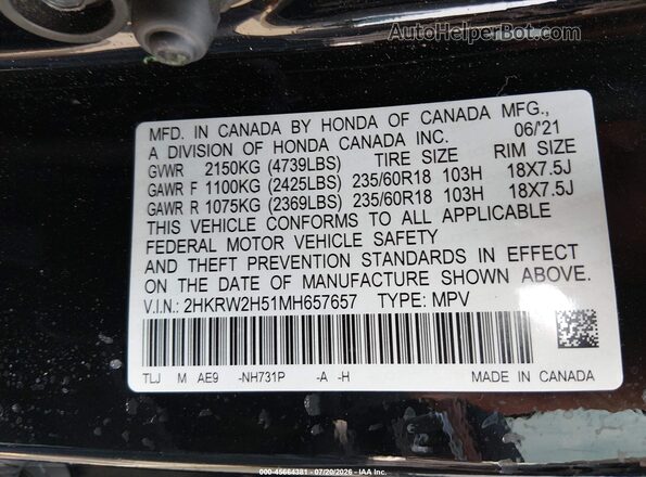2HKRW2H51MH657657 2021 HONDA CR-V Black ძრავის განყოფილების ხედი