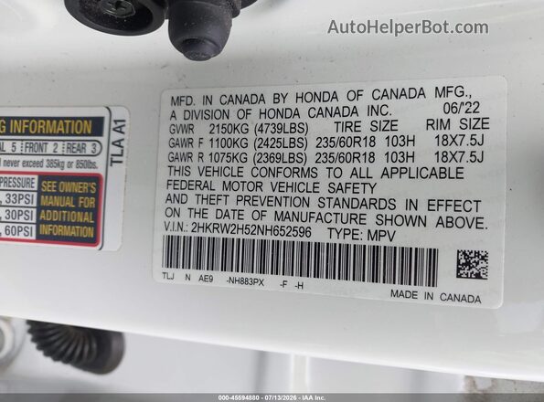 2HKRW2H52NH652596 2022 HONDA CR-V Белый Вид подкапотного пространства