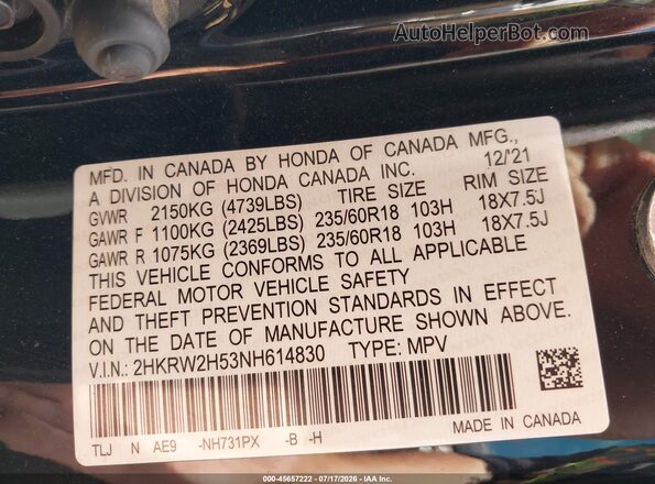 2HKRW2H53NH614830 2022 HONDA CR-V Black Widok komory silnika
