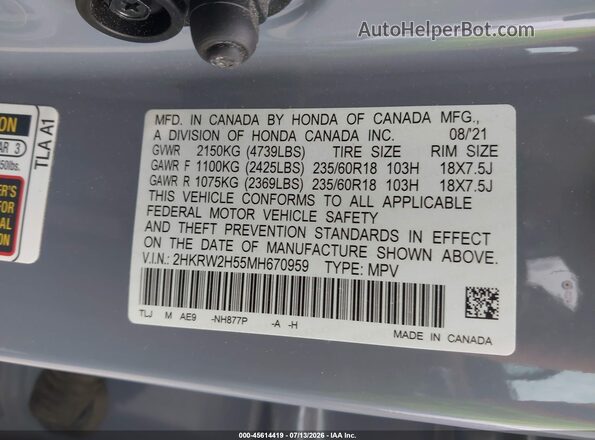 2HKRW2H55MH670959 2021 HONDA CR-V Light Blue Вид підкапотного простору