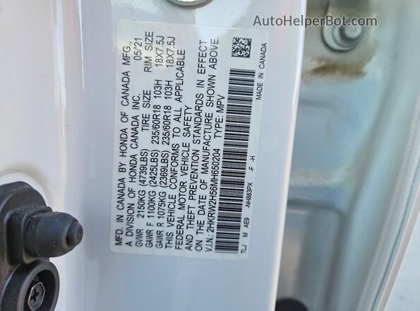 2HKRW2H56MH650204 2021 HONDA CR-V White Vista de la etiqueta del VIN