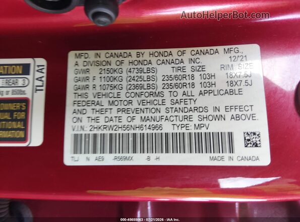 2HKRW2H56NH614966 2022 HONDA CR-V Красный Вид подкапотного пространства