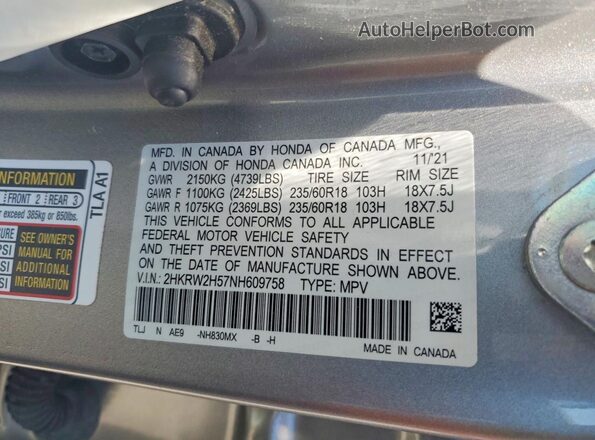 2HKRW2H57NH609758 2022 HONDA CR-V Silver Вид наклейки з VIN-кодом