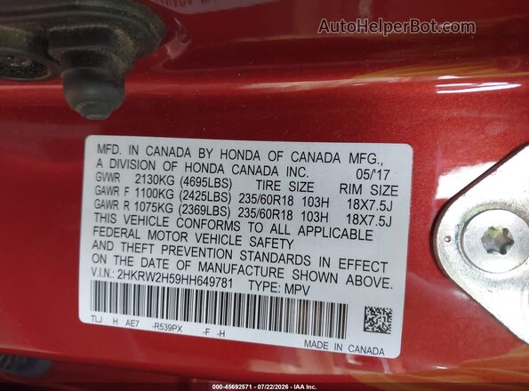 2HKRW2H59HH649781 2017 HONDA CR-V Orange Widok komory silnika