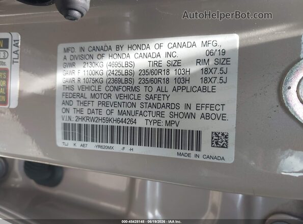 2HKRW2H59KH644264 2019 HONDA CR-V Cream Շարժիչի բաժամունքի տեսք