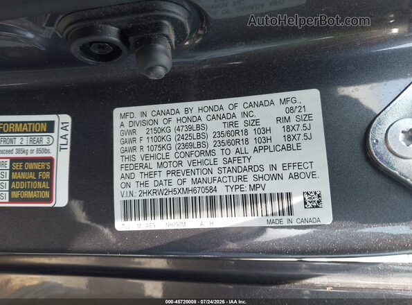 2HKRW2H5XMH670584 2021 HONDA CR-V Gray Vista del compartimento del motor
