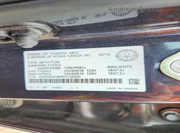 2HKRW2H80KH136520 2019 HONDA CR-V Черный Вид наклейки с VIN-кодом
